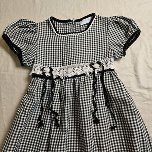 VTG Chantilly Place 6X Black & White Gingham Checkered Lace Trim Long Dress